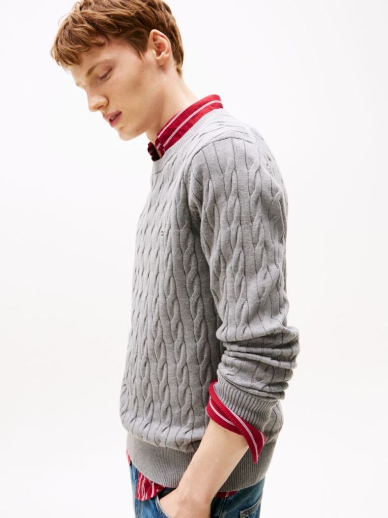 Grey Cable Knit Crew Neck Jumper  Men