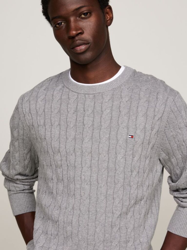 Grey Cable Knit Crew Neck Jumper  Men