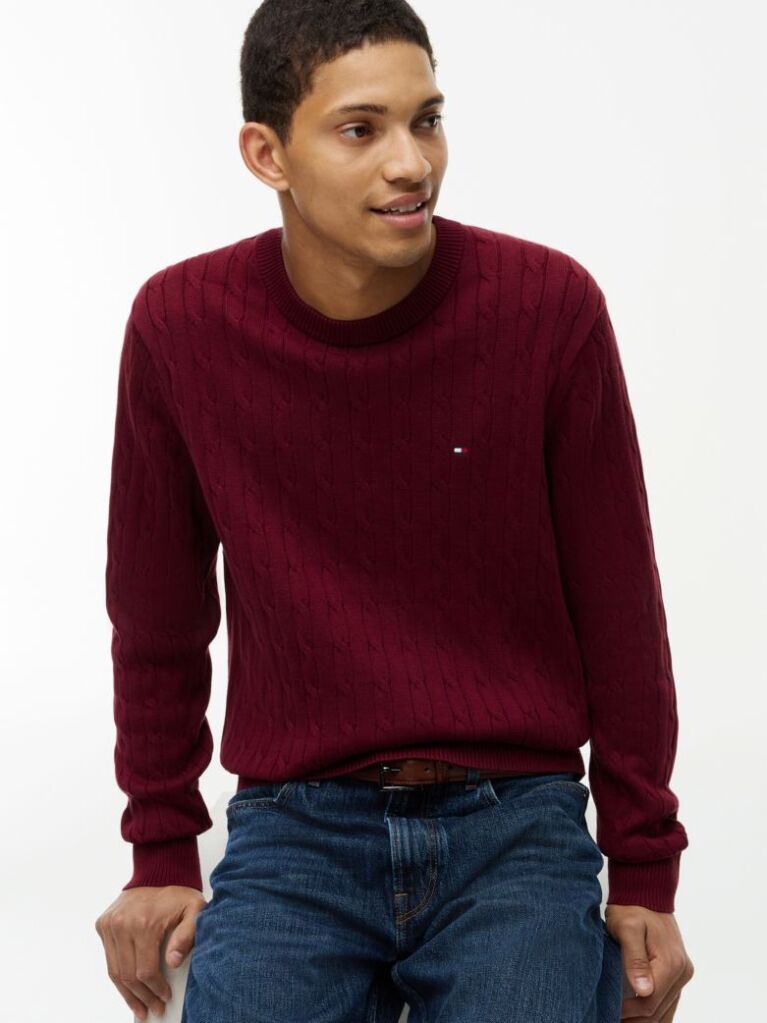 Red Cable Knit Crew Neck Jumper  Men