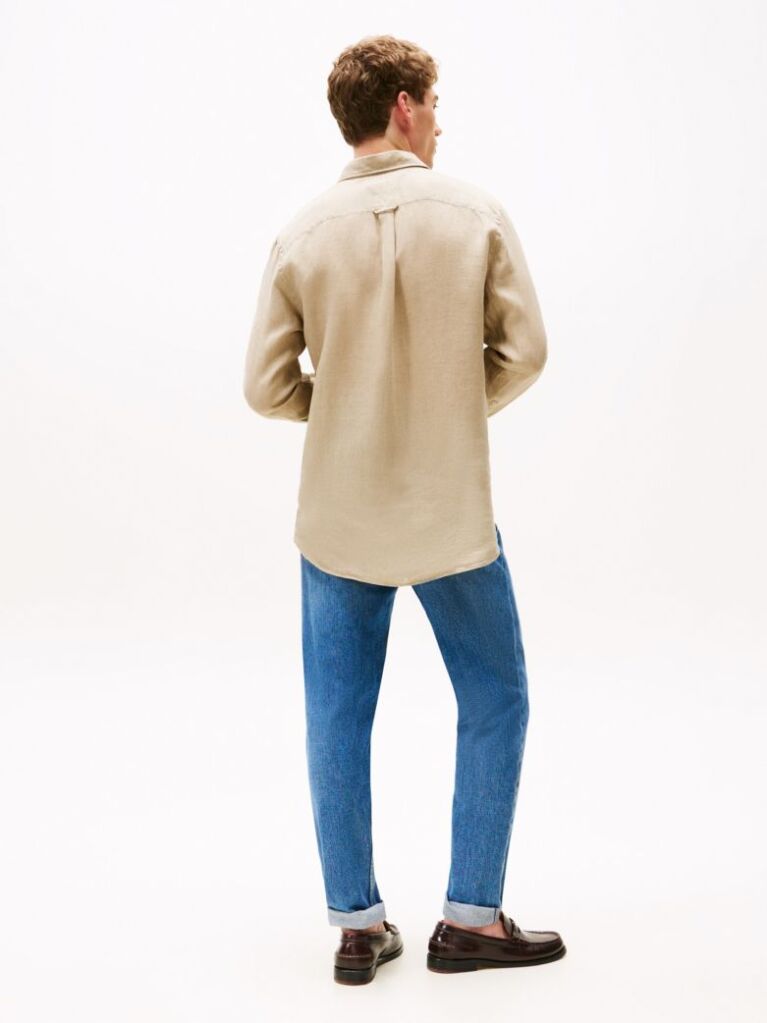 Beige Pigment Dyed Linen Regular Fit Shirt  Men