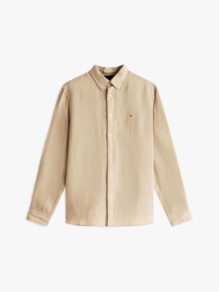 Beige Pigment Dyed Linen Regular Fit Shirt  Men