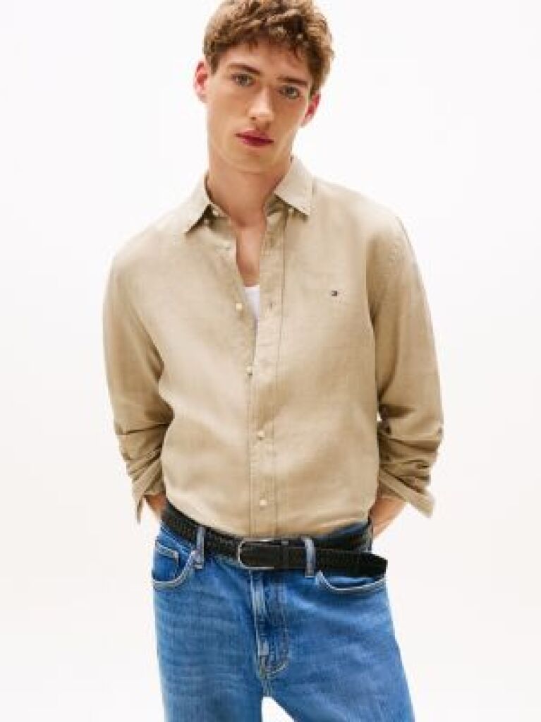 Beige Pigment Dyed Linen Regular Fit Shirt  Men