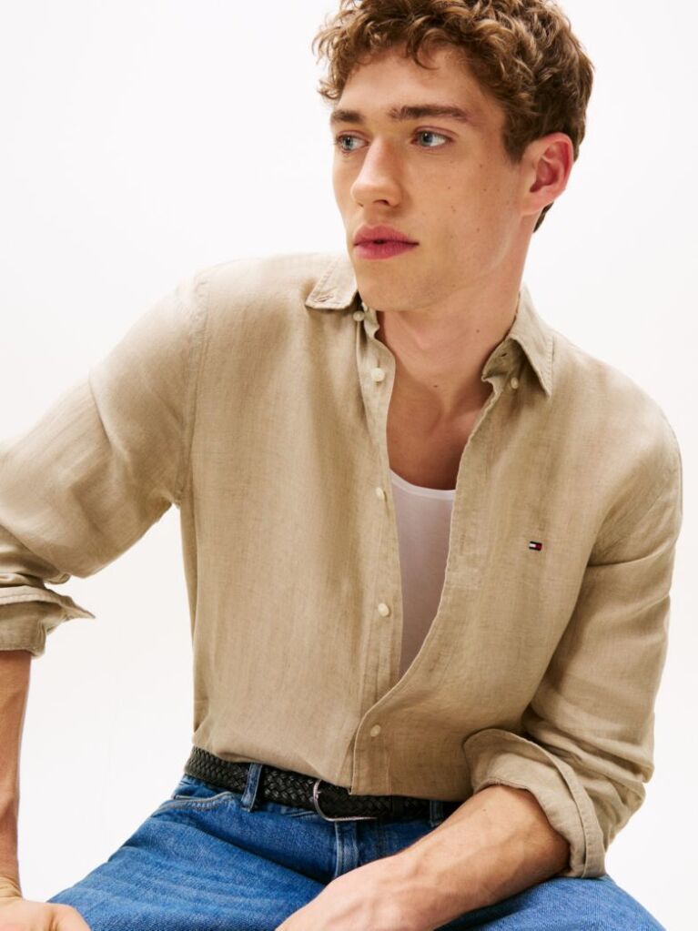 Beige Pigment Dyed Linen Regular Fit Shirt  Men