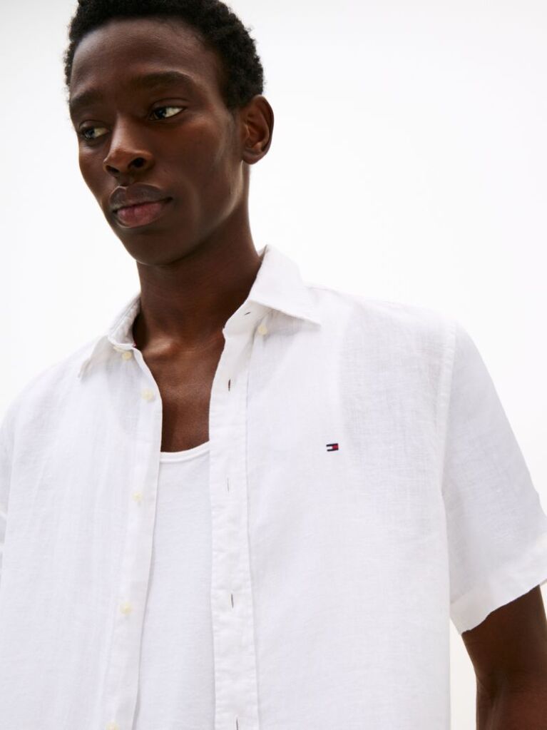 White Short Sleeve Regular Fit Linen Shirt  Men