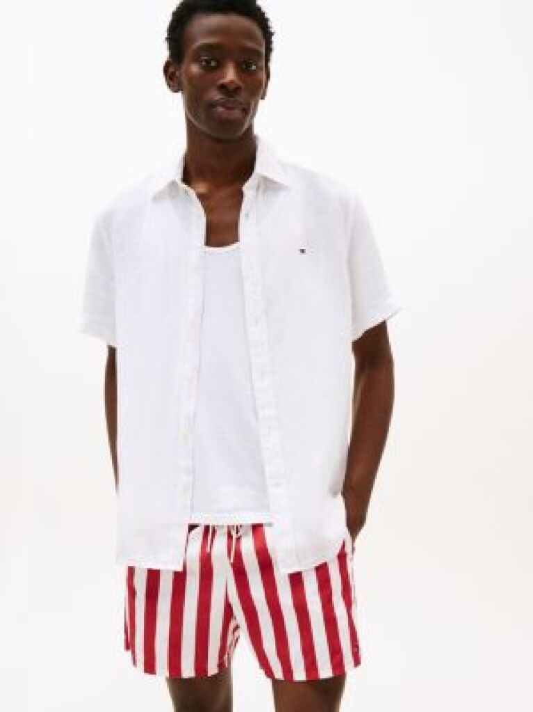 White Short Sleeve Regular Fit Linen Shirt  Men