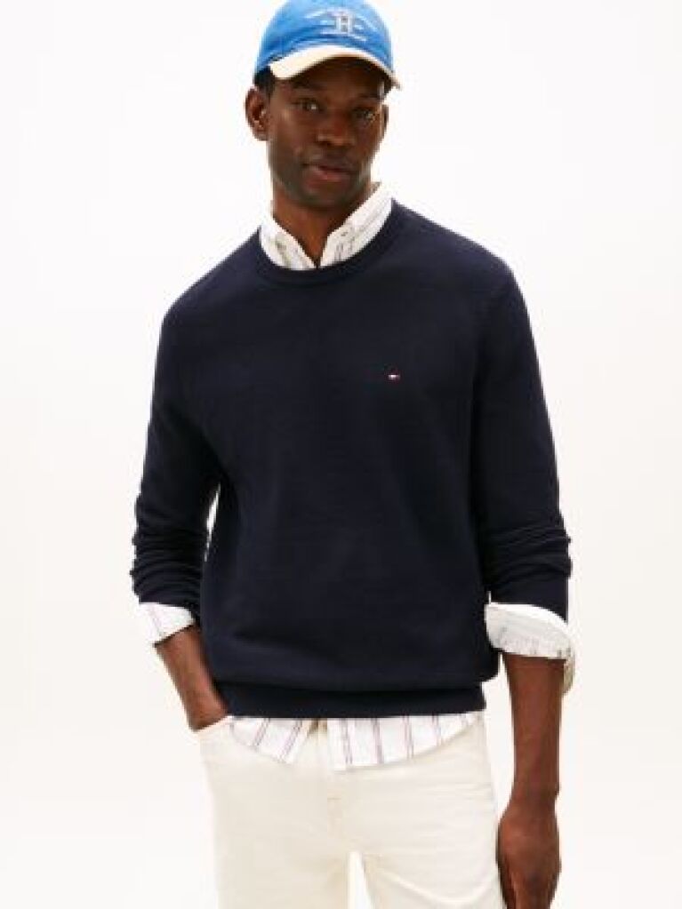 Blue Crew Neck Textured Knit Jumper  Men