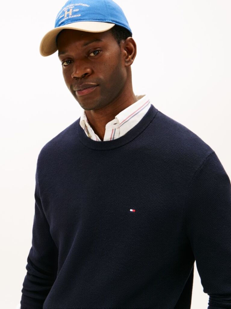 Blue Crew Neck Textured Knit Jumper  Men