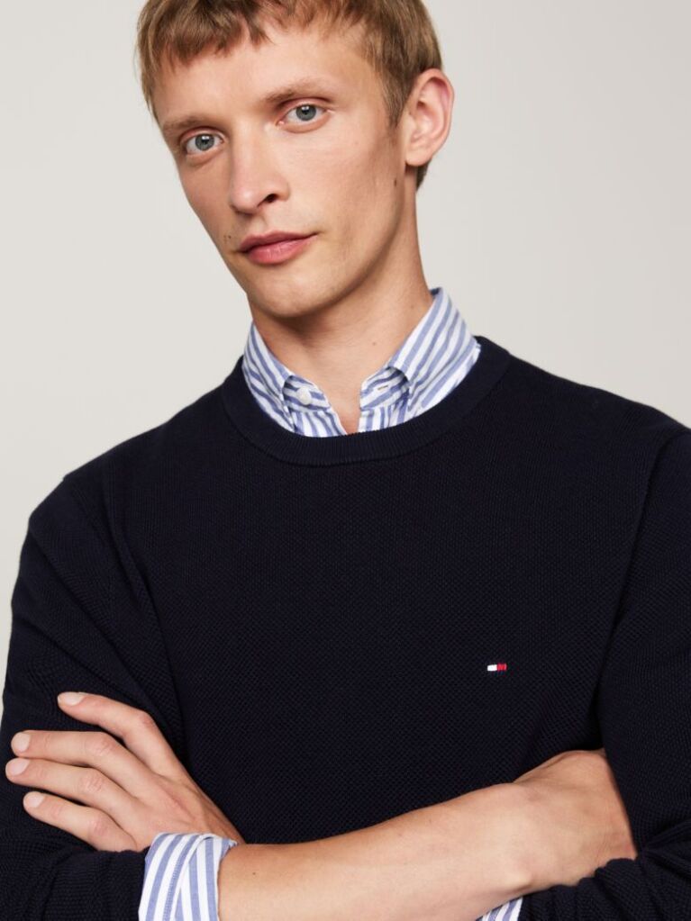 Blue Crew Neck Textured Knit Jumper  Men