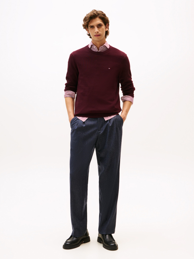 Red Crew Neck Textured Knit Jumper  Men
