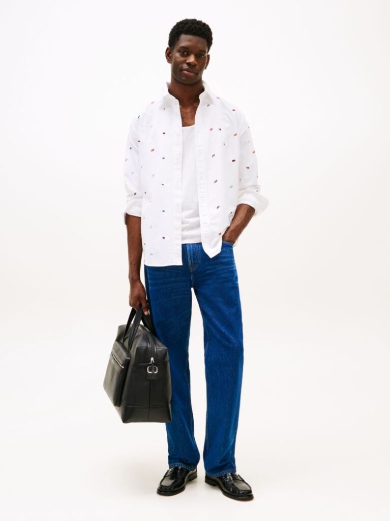 White Relaxed Fit Flag Embroidery Oxford Shirt  Men