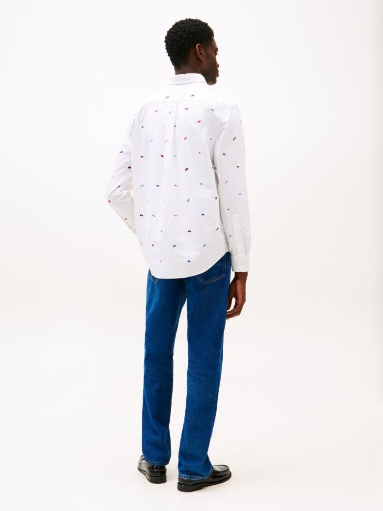 White Relaxed Fit Flag Embroidery Oxford Shirt  Men