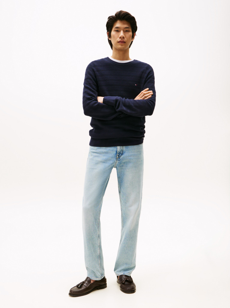 Blue Textured Stripe Crew Neck Jumper  Men