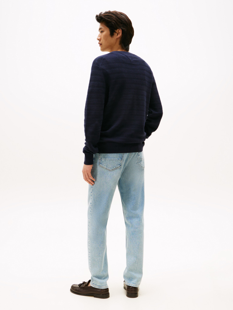 Blue Textured Stripe Crew Neck Jumper  Men
