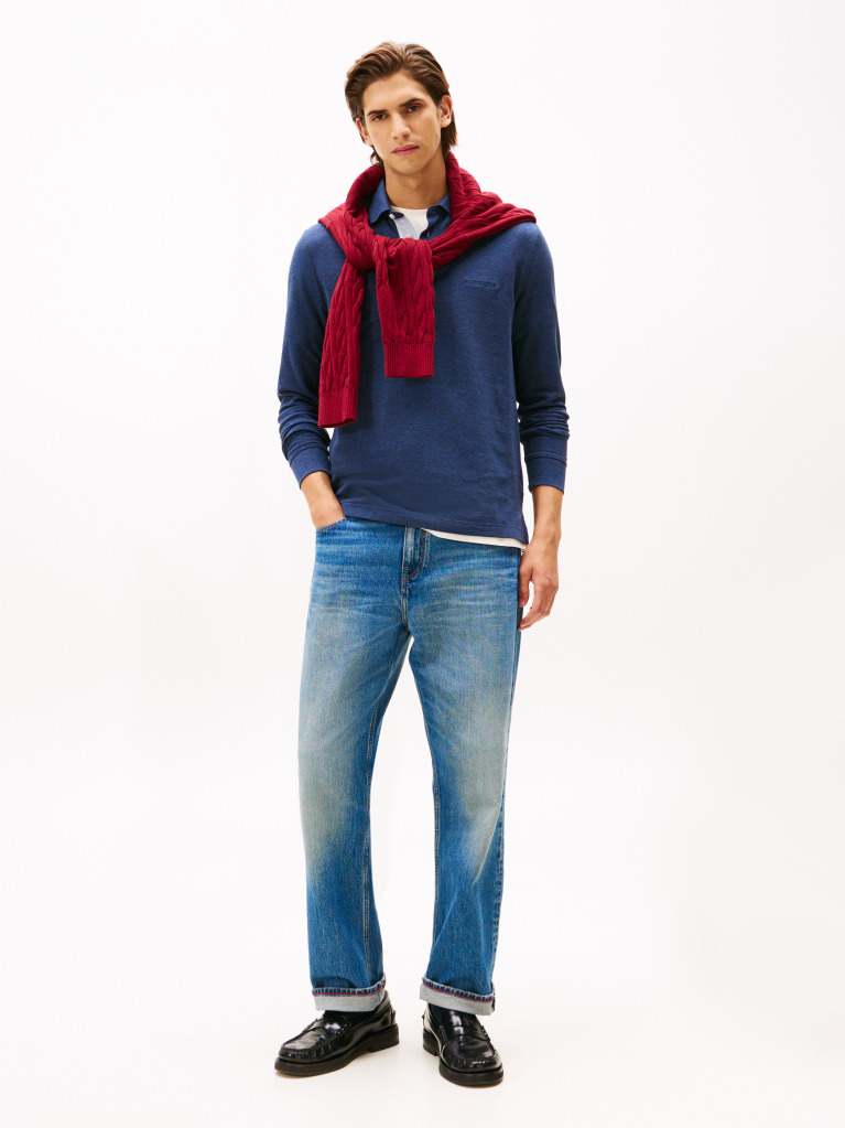 Blue Long-Sleeve Tonal Monotype Reglar Polo  Men