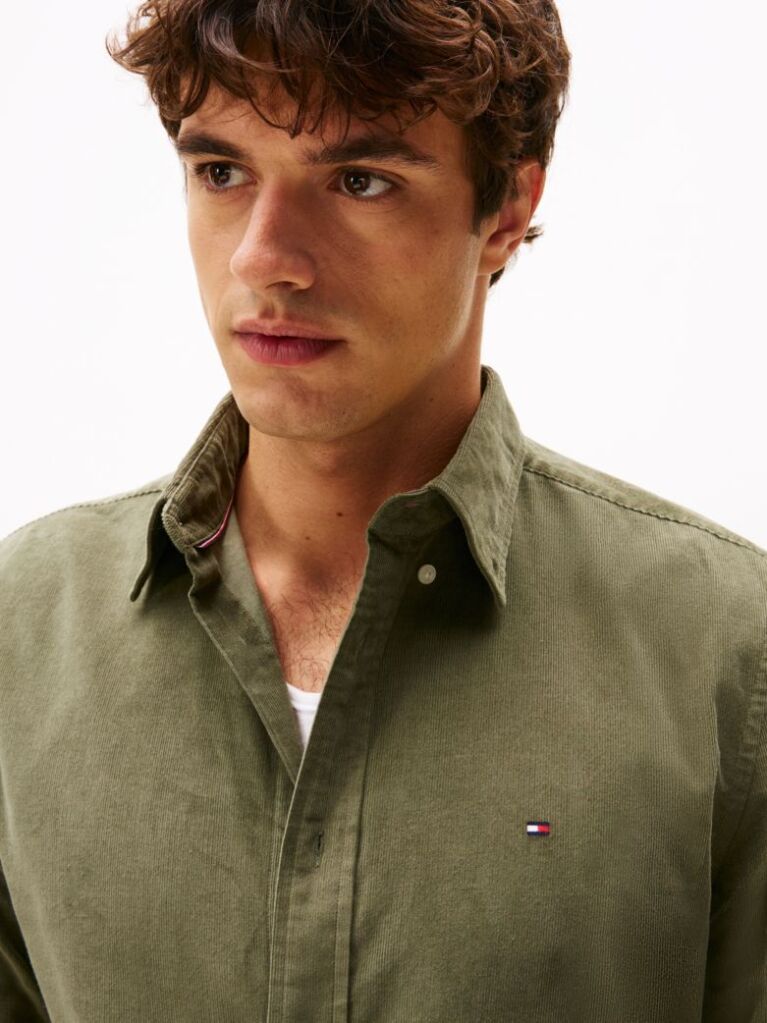 Green Regular Fit Flag Embroidery Corduroy Shirt  Men