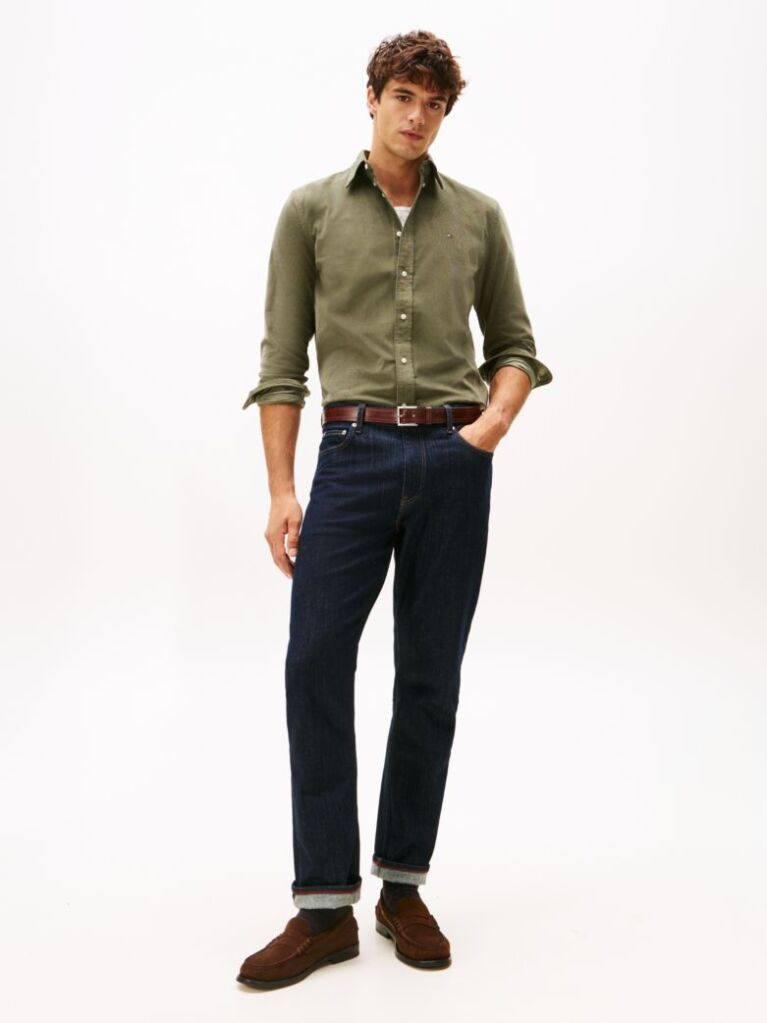 Green Regular Fit Flag Embroidery Corduroy Shirt  Men