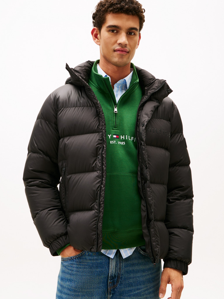 Black Water Repellent Down Hooded Puffer Jacket  Men