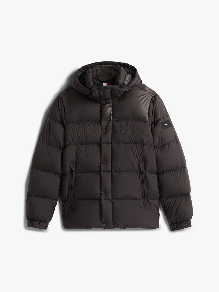Black Water Repellent Down Hooded Puffer Jacket  Men