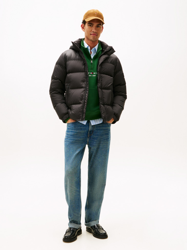 Black Water Repellent Down Hooded Puffer Jacket  Men