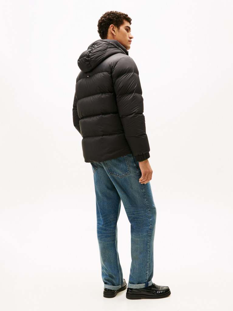Black Water Repellent Down Hooded Puffer Jacket  Men