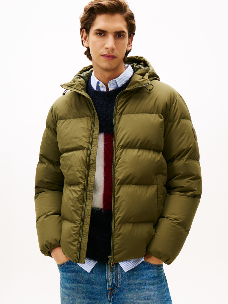 Green Water Repellent Down Hooded Puffer Jacket  Men