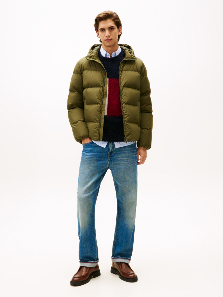 Green Water Repellent Down Hooded Puffer Jacket  Men