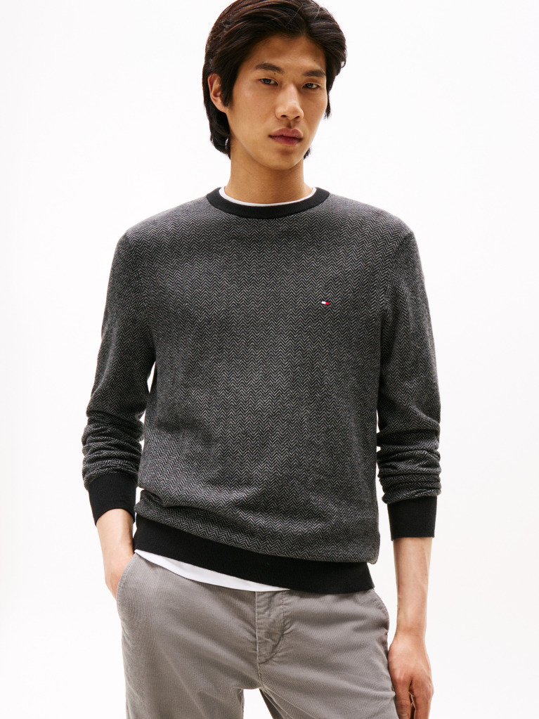 Grey Herringbone Knit Jumper With Cashmere  Men