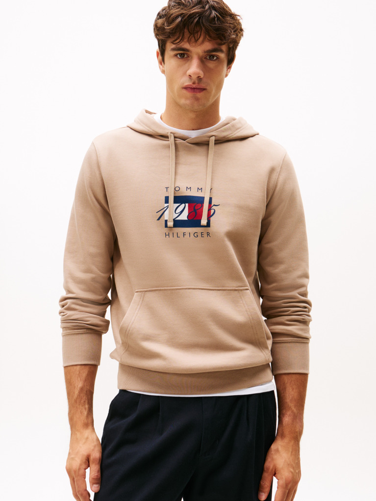 Beige Flag Graphic Drawstring Hoody  Men