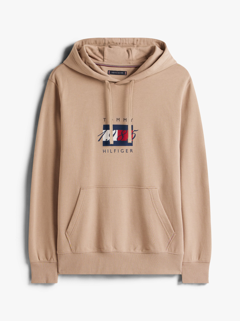Beige Flag Graphic Drawstring Hoody  Men