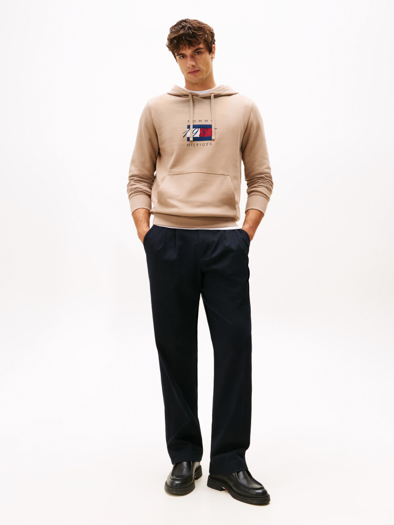 Beige Flag Graphic Drawstring Hoody  Men