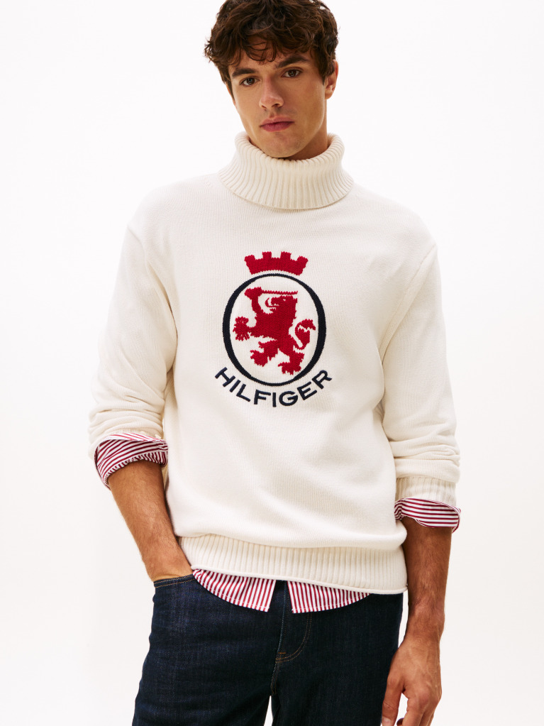 Beige Intarsia TH Crest Relaxed Roll Neck Jumper  Men