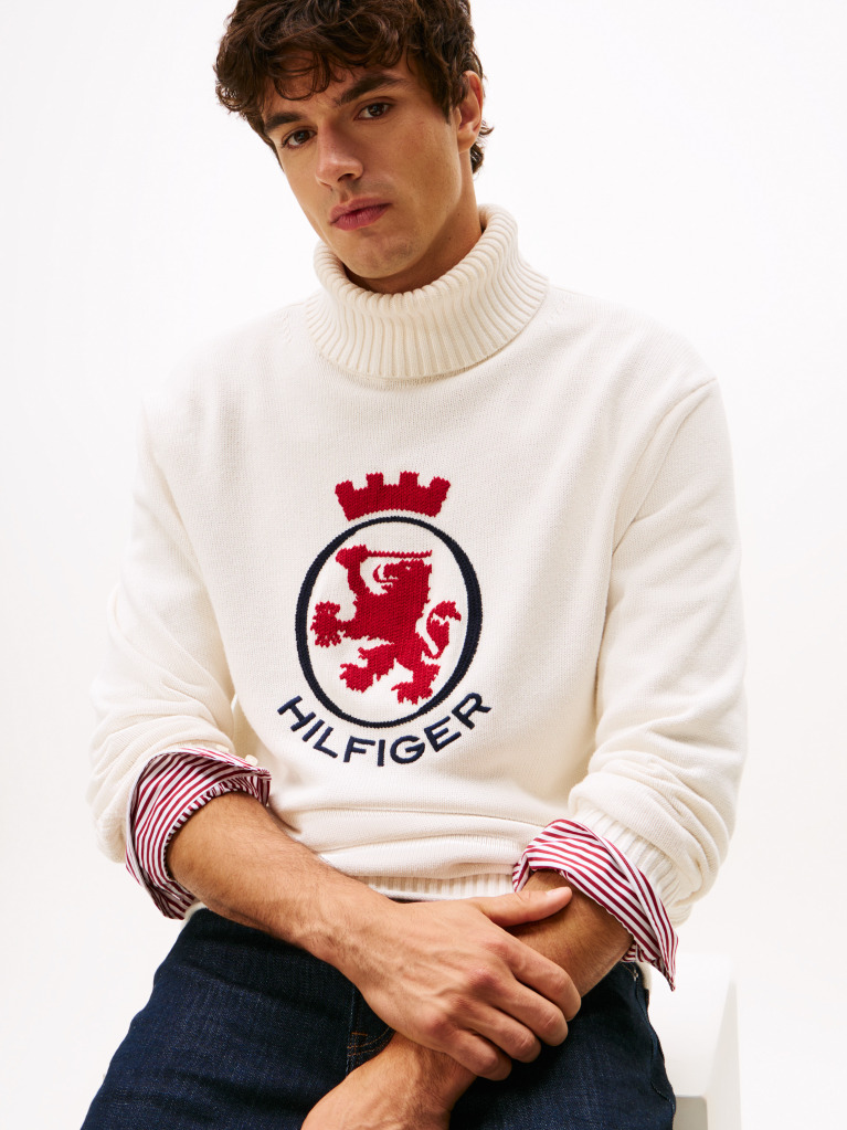 Beige Intarsia TH Crest Relaxed Roll Neck Jumper  Men