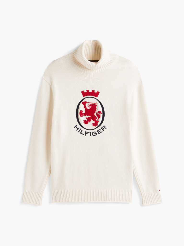 Beige Intarsia TH Crest Relaxed Roll Neck Jumper  Men