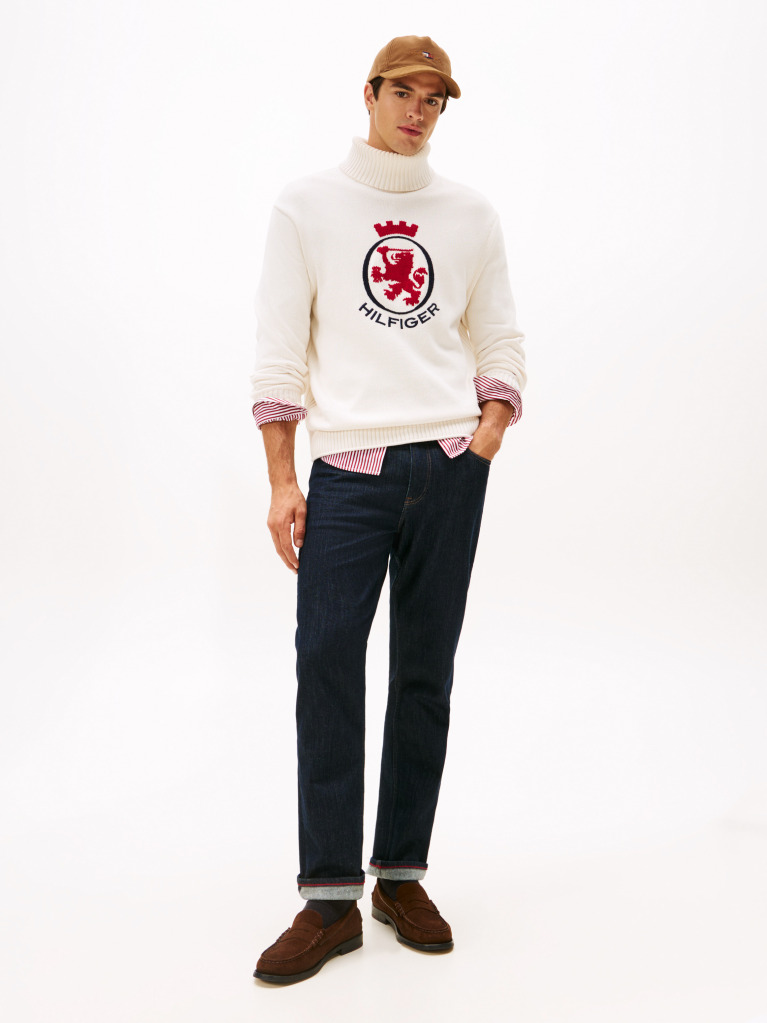 Beige Intarsia TH Crest Relaxed Roll Neck Jumper  Men