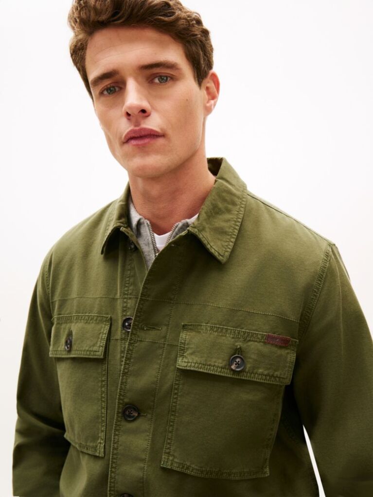 Green Textured Washed Sateen Utility Shirt Jacket  Men