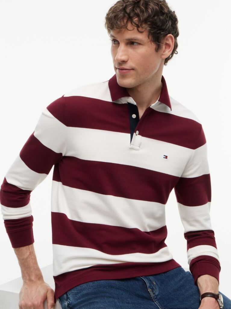 Multi Rugby Stripe Long Sleeve Polo Shirt  Men