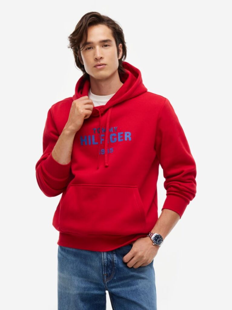 Red Logo Embroidery Fleece Hoody  Men