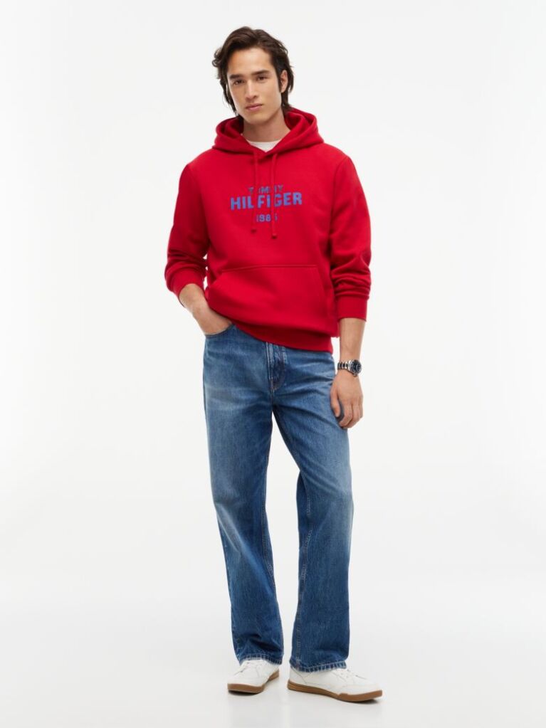 Red Logo Embroidery Fleece Hoody  Men