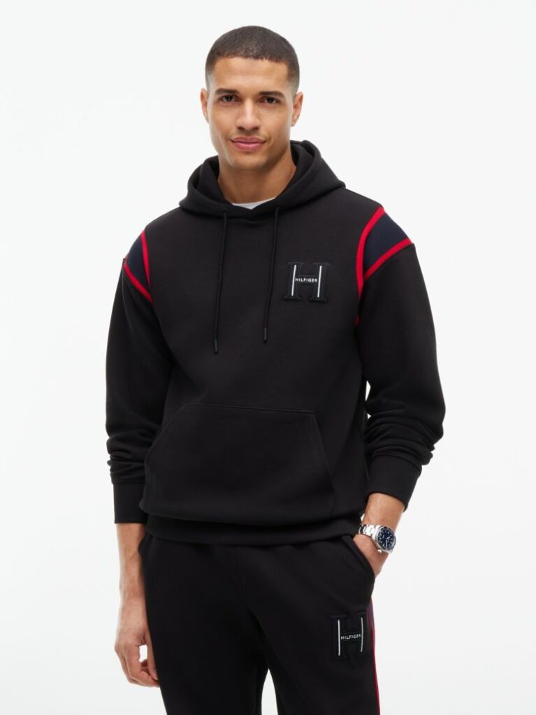 Black Varsity Logo Contrast Stripe Hoody  Men