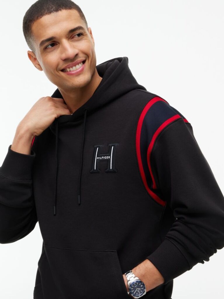 Black Varsity Logo Contrast Stripe Hoody  Men