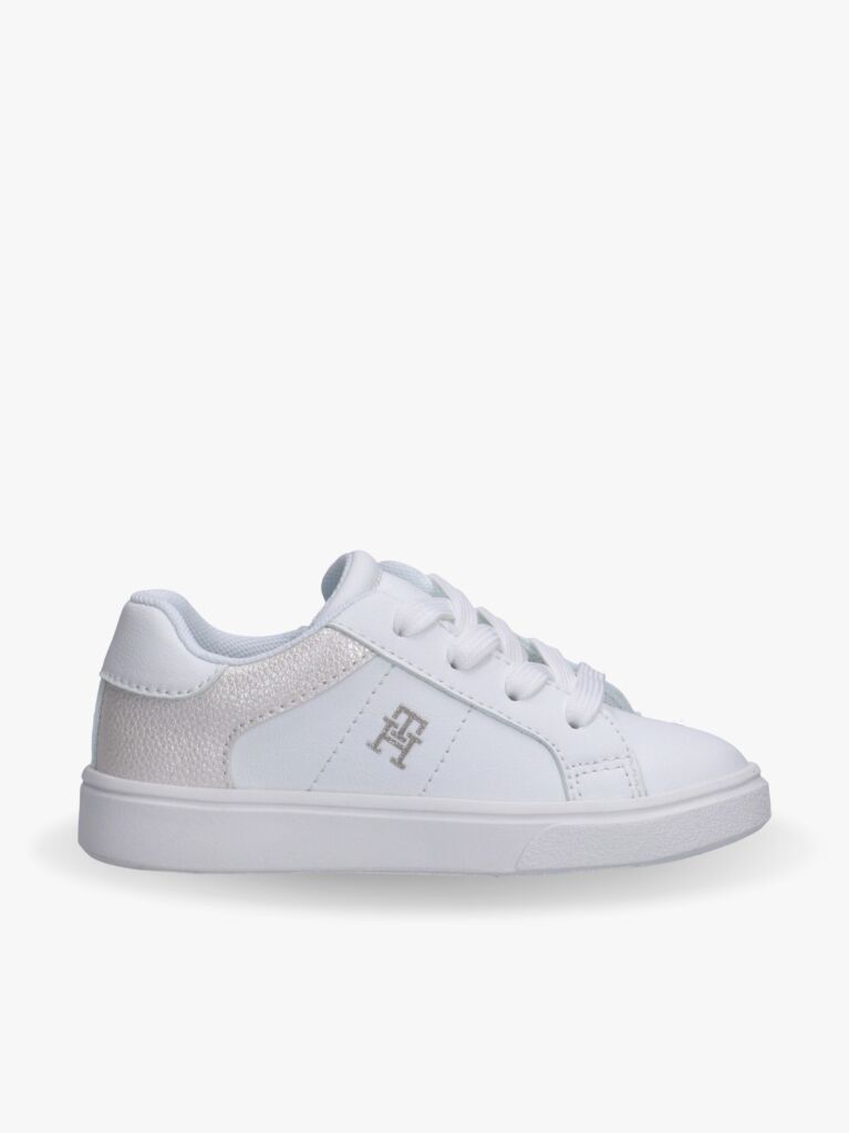 White Shimmering Lace Up Low Cut Sneakers  Girls