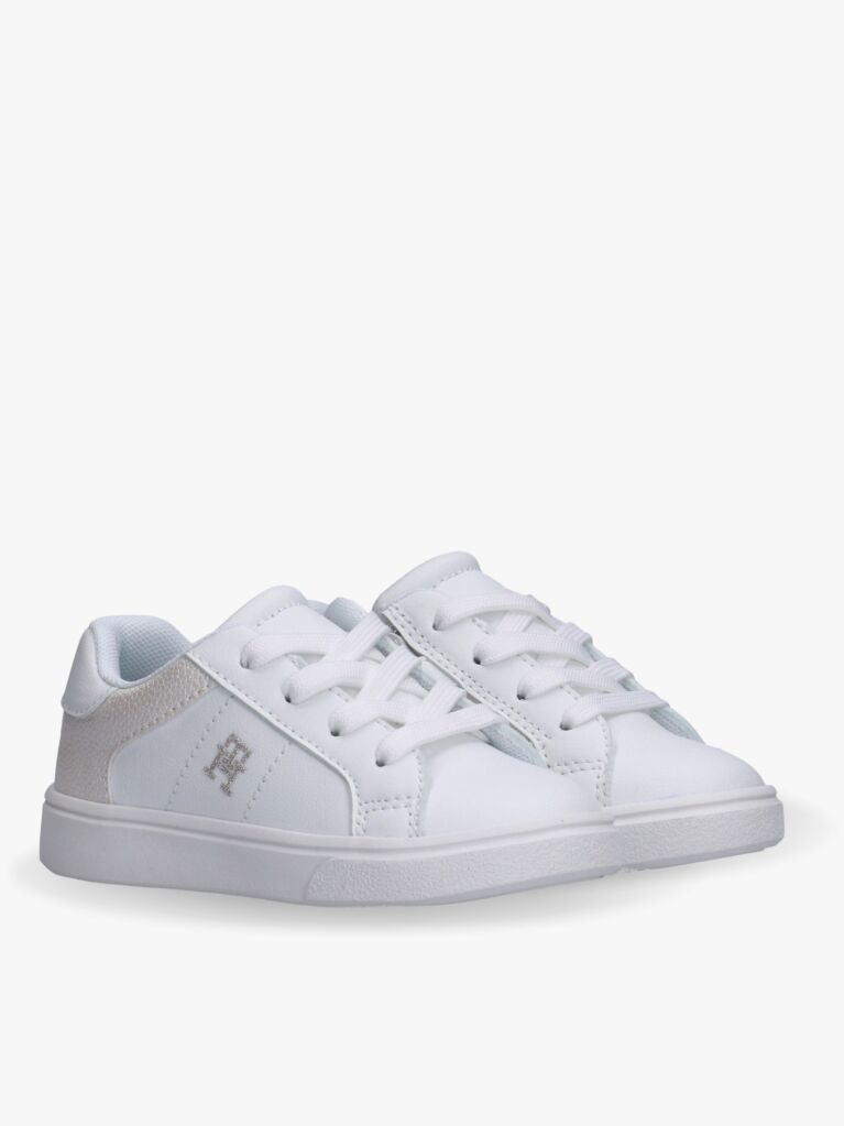 White Shimmering Lace Up Low Cut Sneakers  Girls