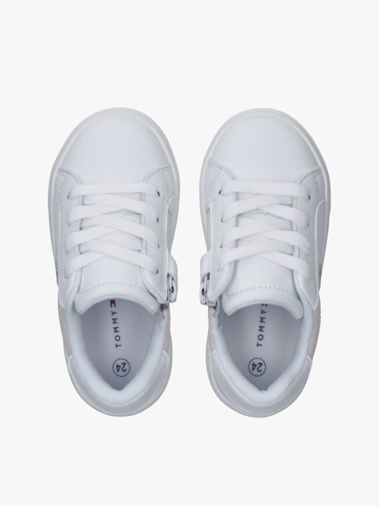 White Shimmering Lace Up Low Cut Sneakers  Girls
