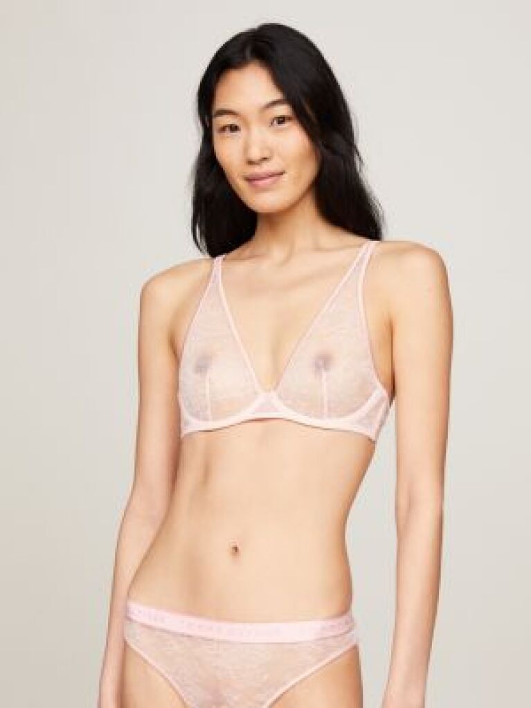 Pink Floral Lace Unlined Plunge Bra  Women
