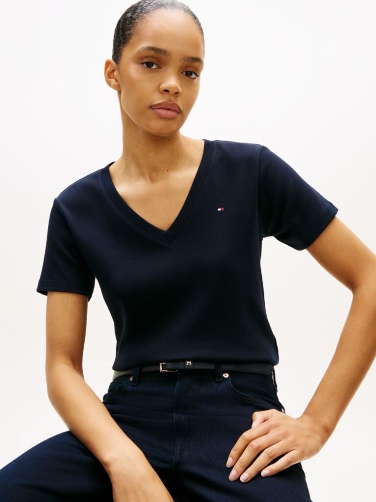 Blue Ribbed V-Neck Slim Fit T-Shirt  Women