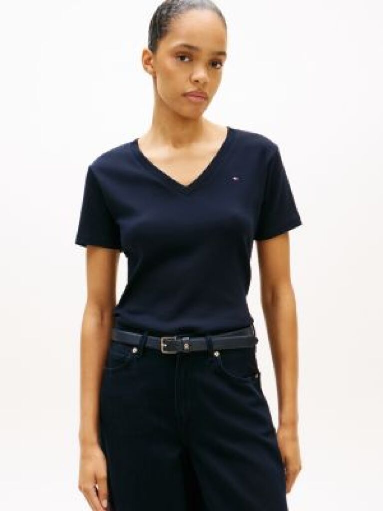 Blue Ribbed V-Neck Slim Fit T-Shirt  Women