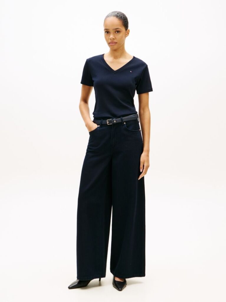 Blue Ribbed V-Neck Slim Fit T-Shirt  Women