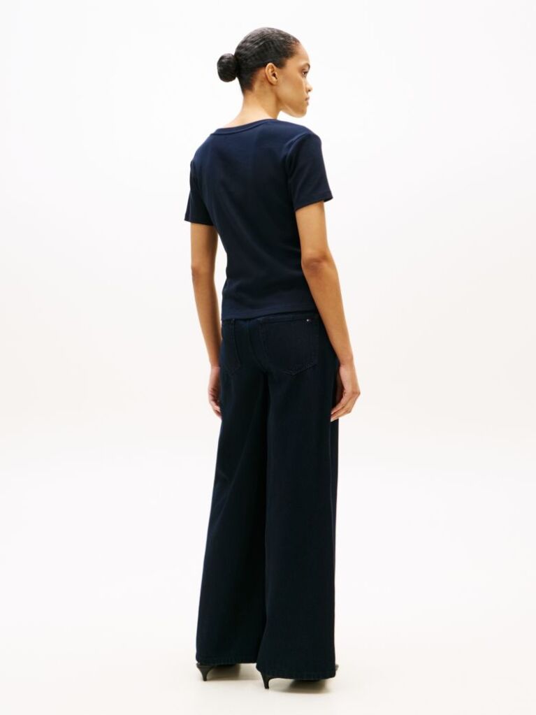 Blue Ribbed V-Neck Slim Fit T-Shirt  Women