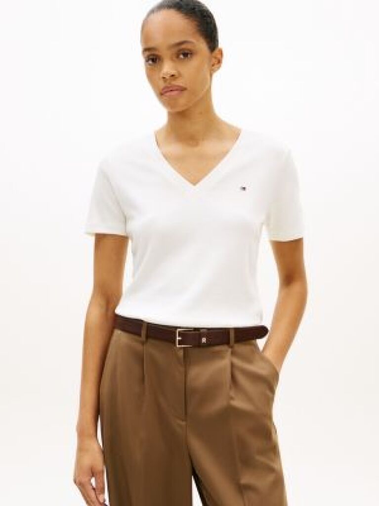 Beige Ribbed V-Neck Slim Fit T-Shirt  Women