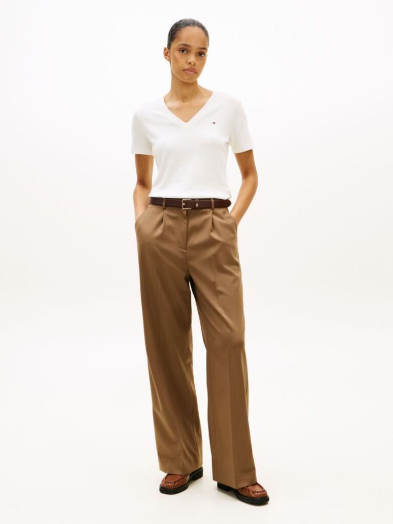 Beige Ribbed V-Neck Slim Fit T-Shirt  Women